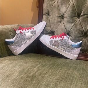 Vintage Havana Silver Glitter Sneakers with Red Laces and Silver Glitter